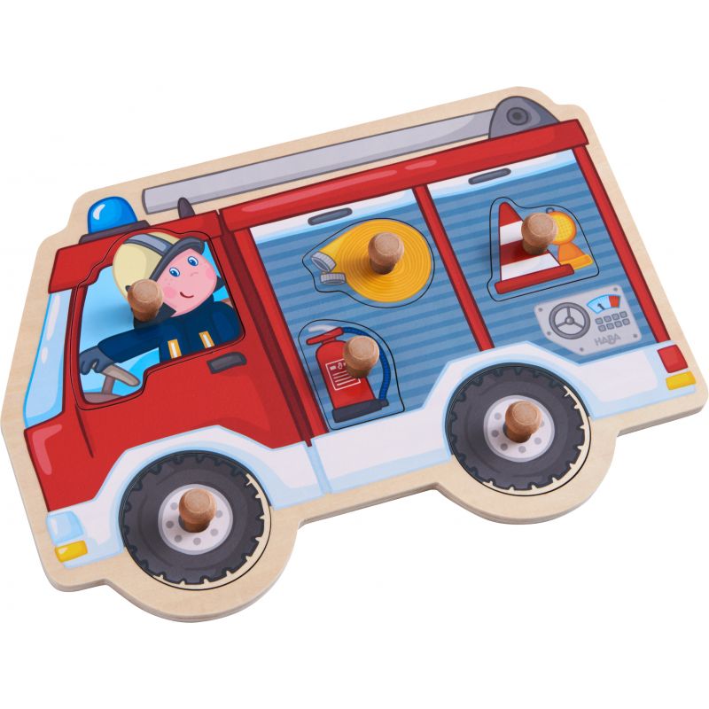 Haba - Puzzle en bois à encastrement Camion de pompier - Le Petit Zèbre